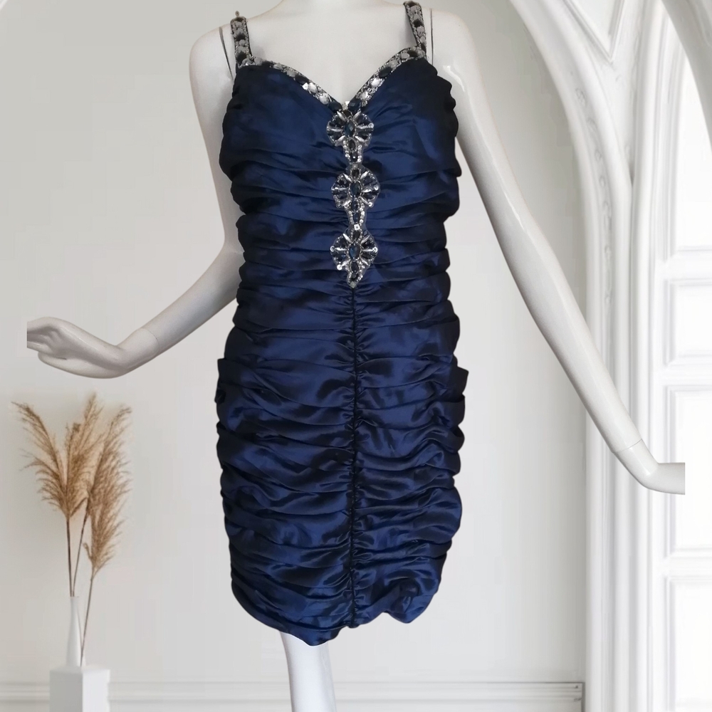 NEW Elegant Navy Ruched Dress with Crystal Straps size 12